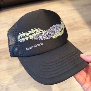 Mahina Made Black Trucker Hat with Leaf Design